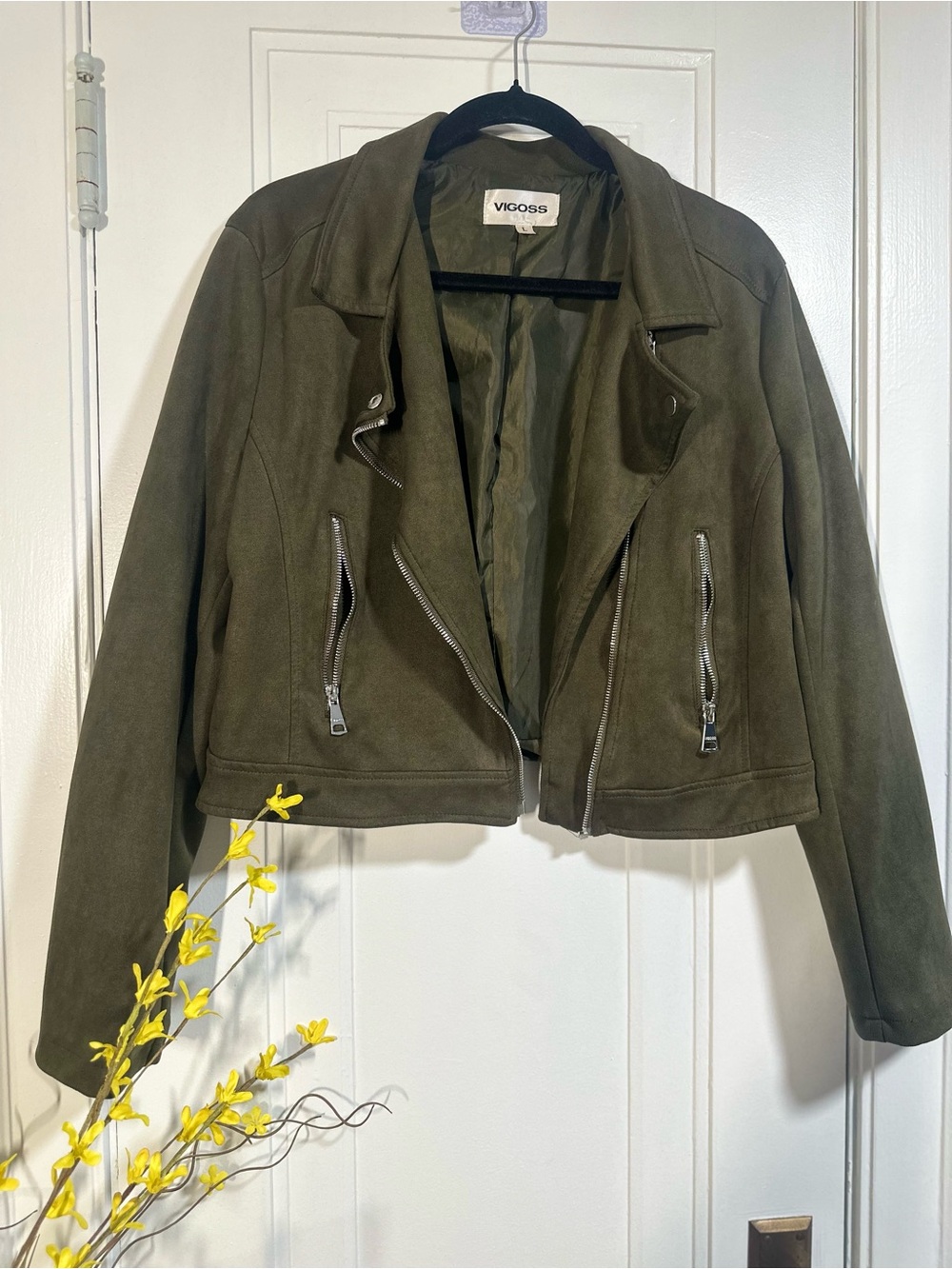 Vigoss Olive Faux-Suede Cropped Moto Jacket
